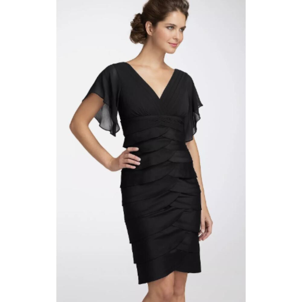Adrianna Papell Women's Silk Flutter Sleeve Tiered Dress 6 Black Formal Cocktail